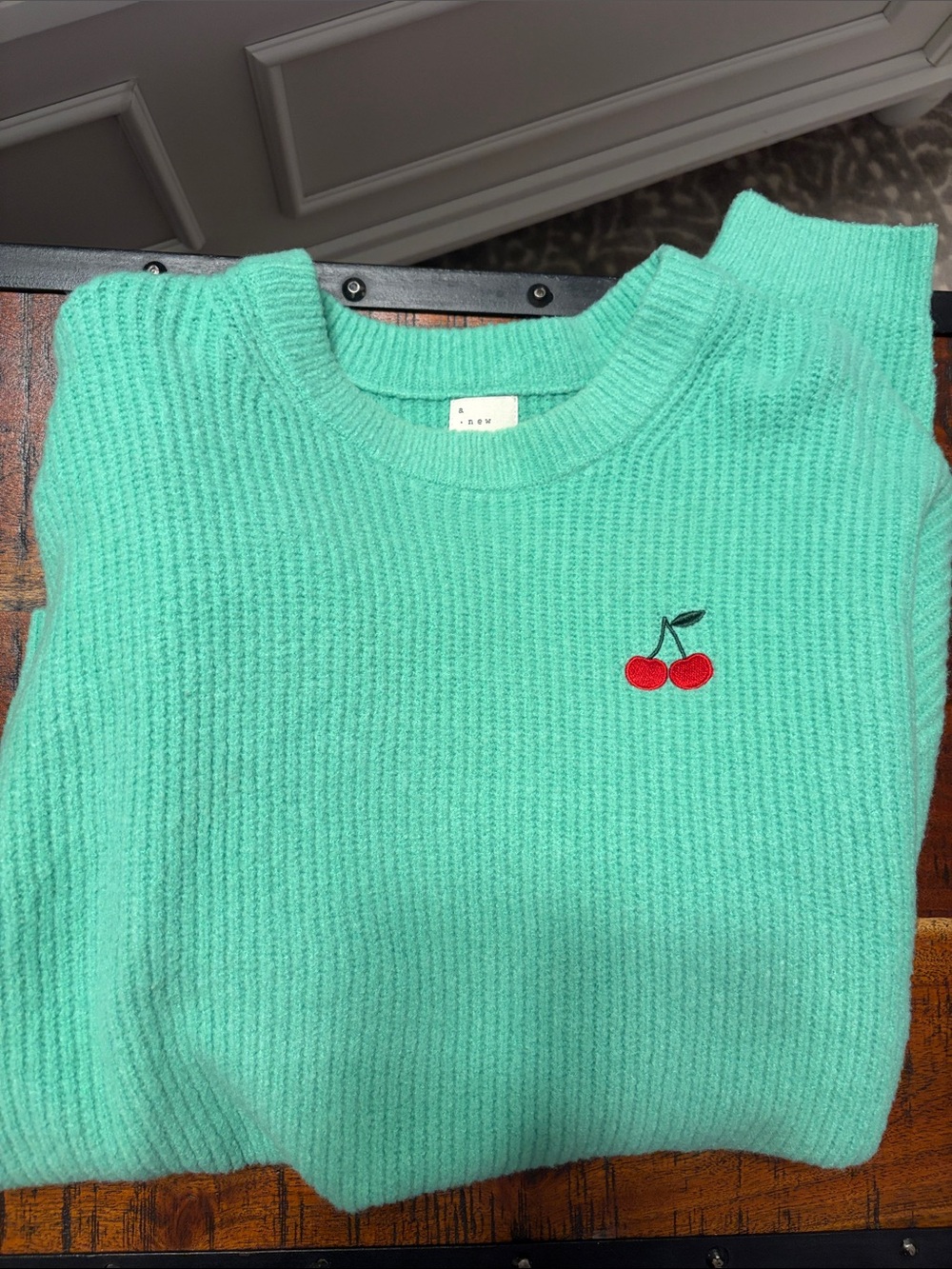 a new day Mint Green Crewneck Sweater with Cherry Patch